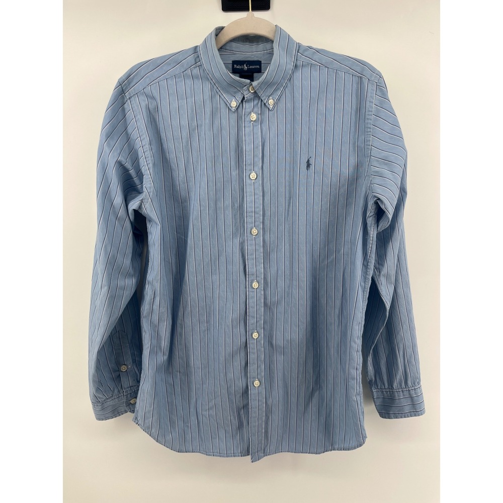 Ralph Lauren Boys Blue White Striped Button Down Shirt XL 18-20 Cotton Pony Logo